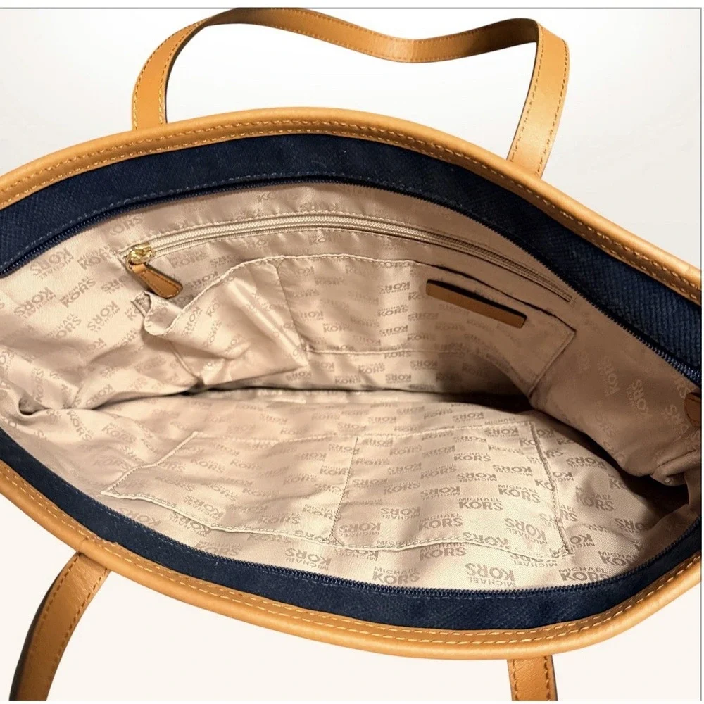 Michael Kors Kempton Lg East West Tote-Navy Blue w/Brown Leather Trim, Gold MK - Picture 6 of 14